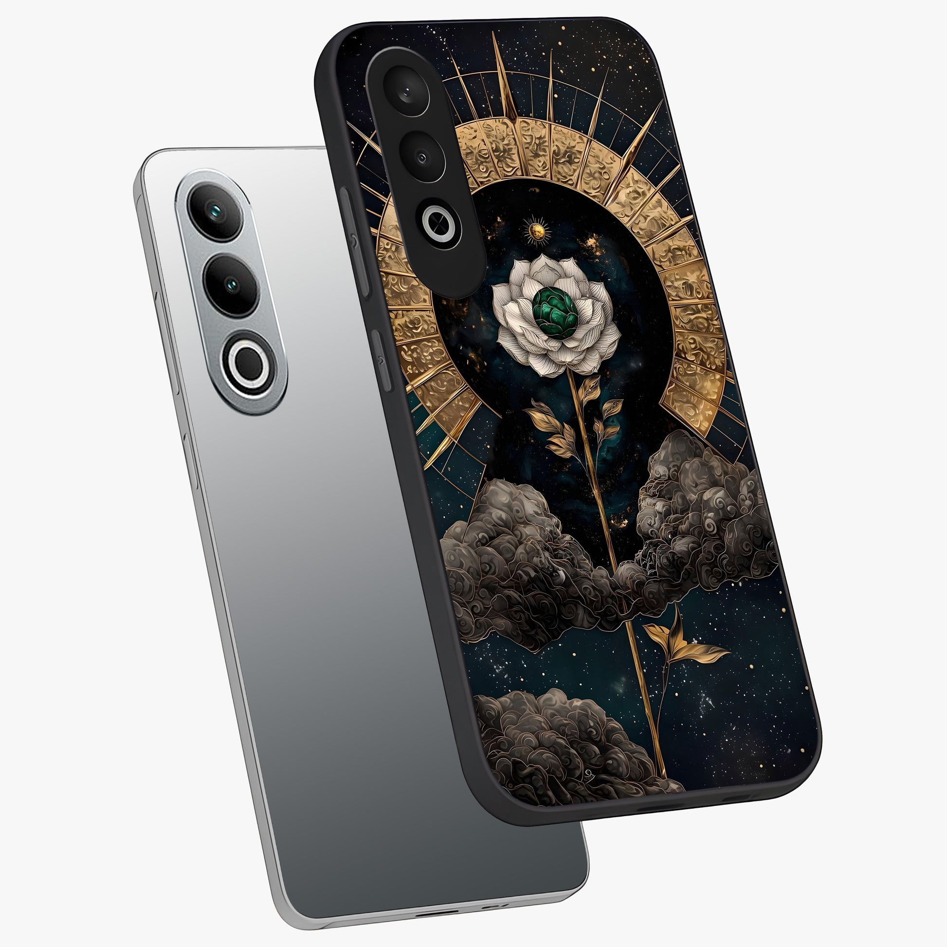 Cosmic Bloom Rose Glass Case for 1+Nord Ce 4 angled mockup showcasing glossy finish and vibrant celestial floral tones