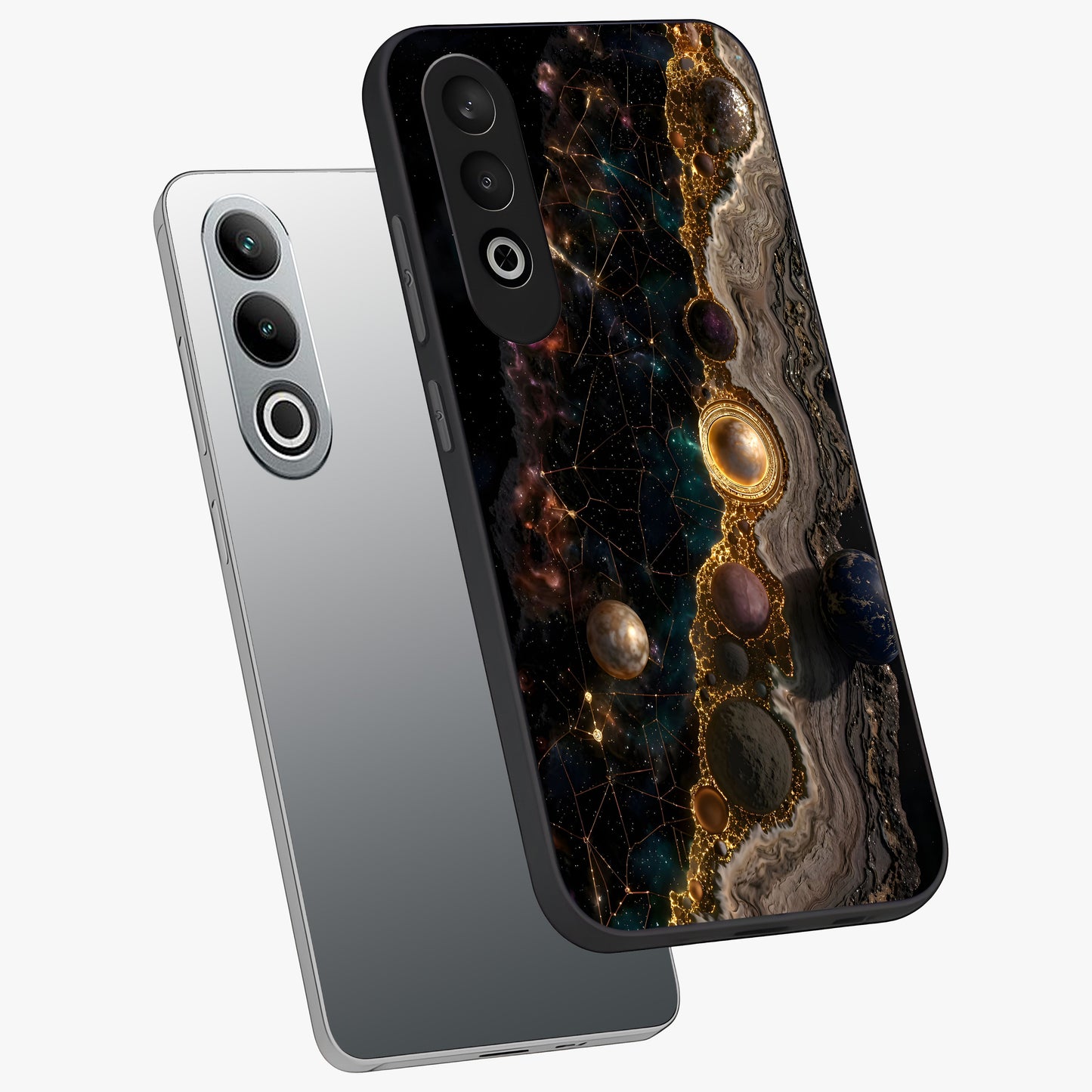 Cosmic Gold Path Glass Case for 1+Nord Ce 4 angled mockup showcasing glossy finish and radiant gold accents