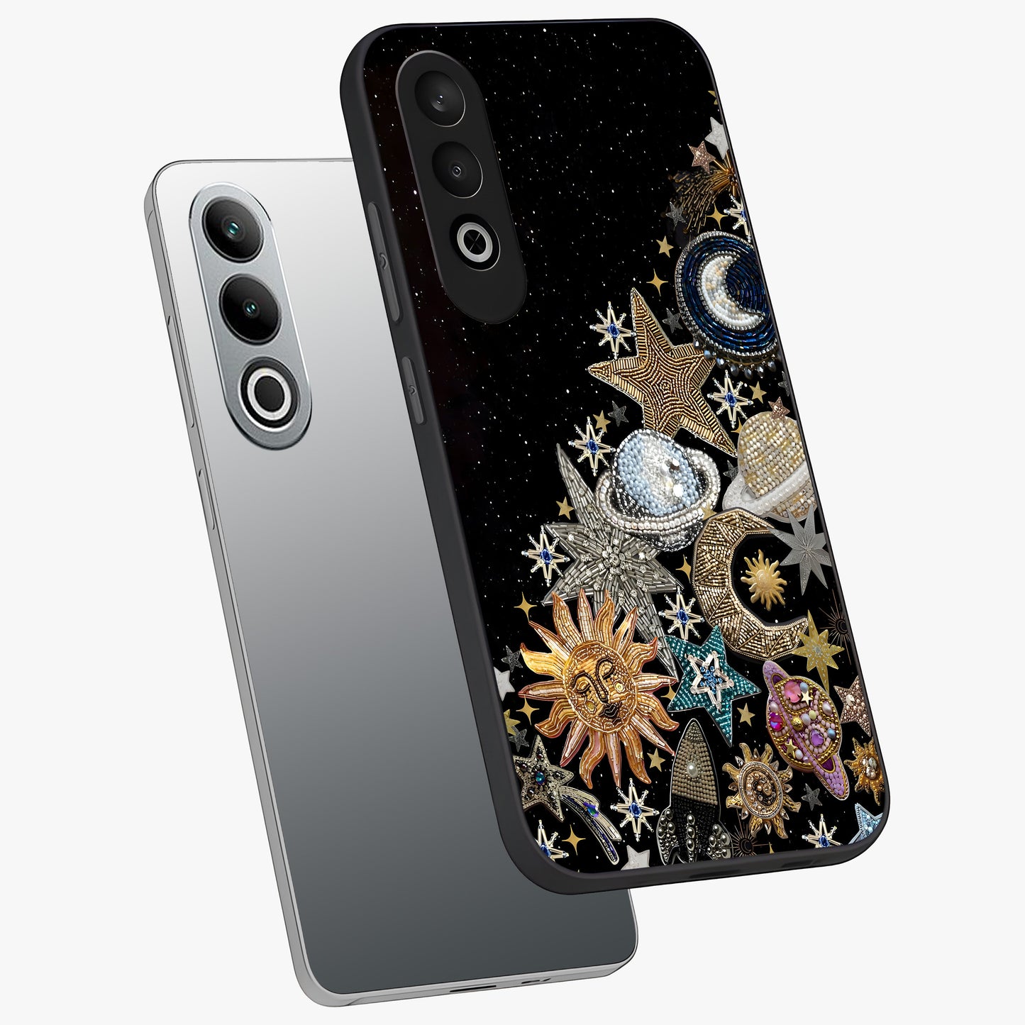Cosmic Sparkle Dreams Glass Case for 1+Nord CE 4 angled mockup showcasing glossy finish and vibrant celestial glow