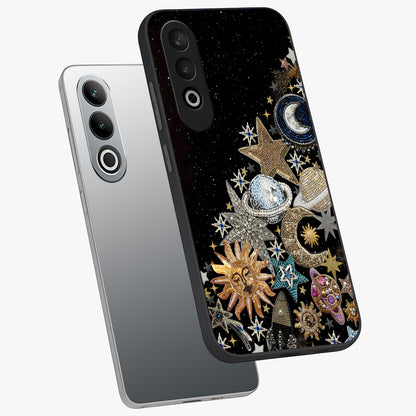 Cosmic Sparkle Dreams Glass Case for 1+Nord CE 4 angled mockup showcasing glossy finish and vibrant celestial glow