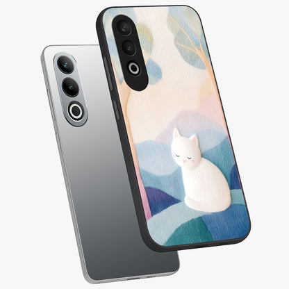Cotton Dream Cat Glass Case for 1+Nord CE 4 angled mockup showcasing glossy glass finish and cozy aesthetic design