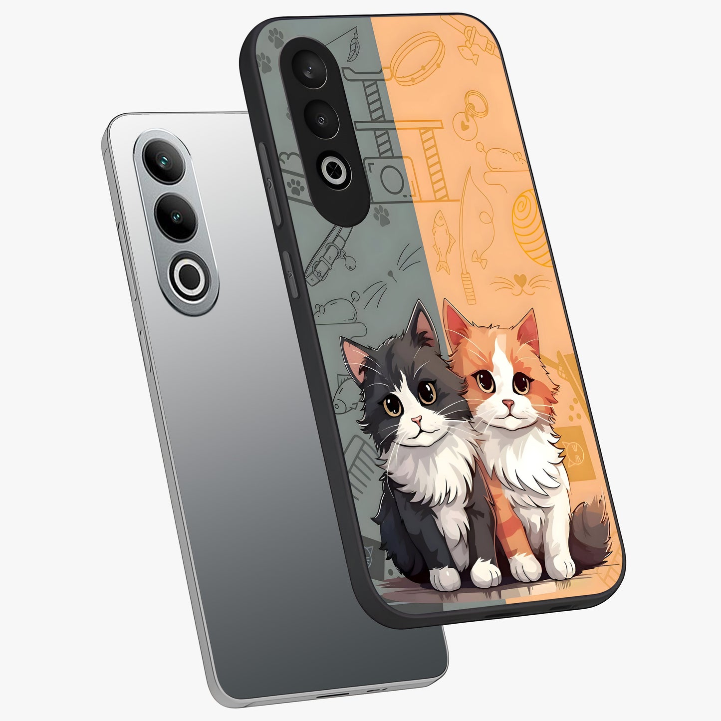 Cozy Cat Duo Glass Case for 1+Nord CE 4 angled mockup showcasing glossy finish and charming pastel tones