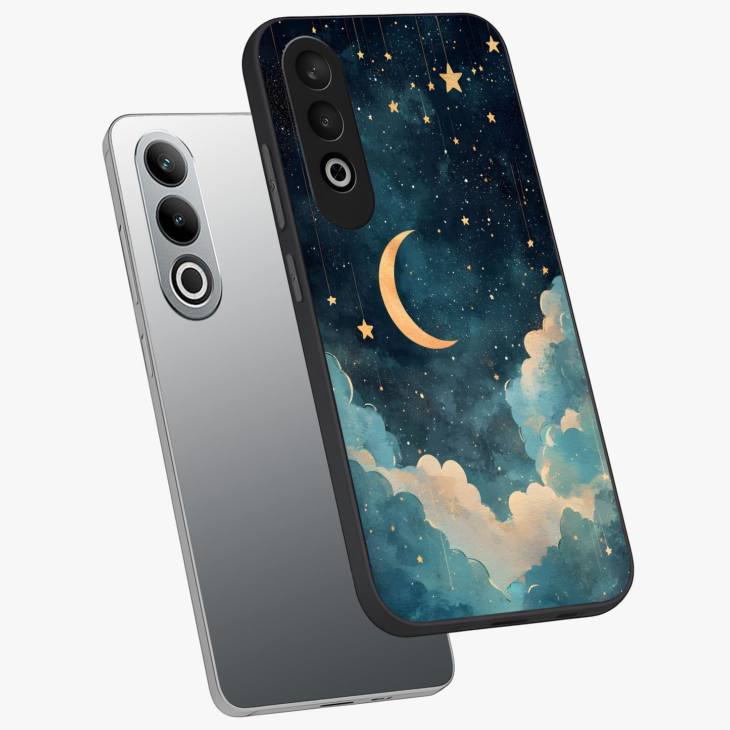 Crescent Galaxy Moon Glass Case for 1+Nord Ce 4 angled mockup showcasing glossy finish and glowing galaxy tones