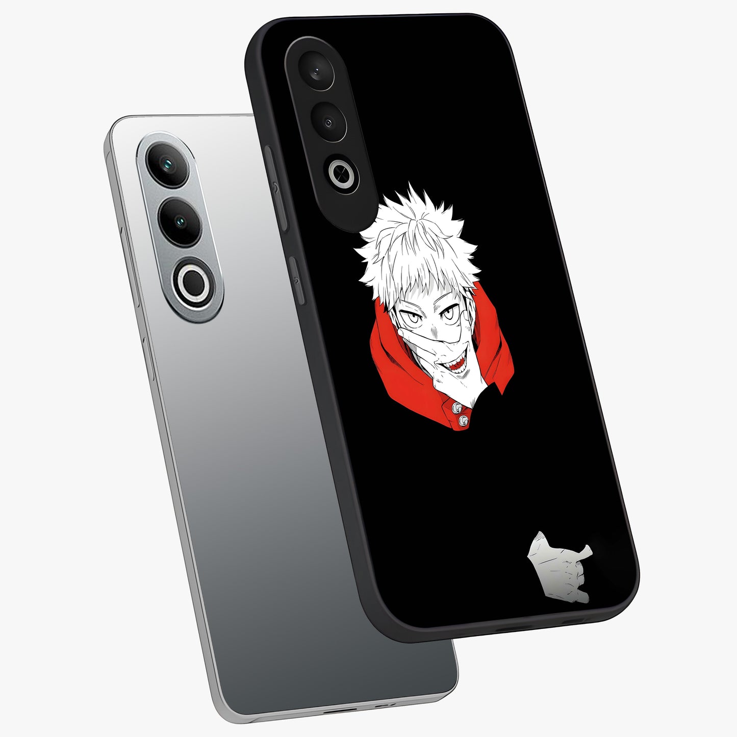 Crimson Chaos Smile Glass Case for 1+Nord CE 4 angled mockup showcasing glossy finish and dramatic red detailing