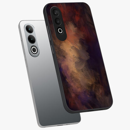 Crimson Dusk Whirl Glass Case for 1+Nord CE 4 angled mockup showcasing glossy finish and bold abstract motion design