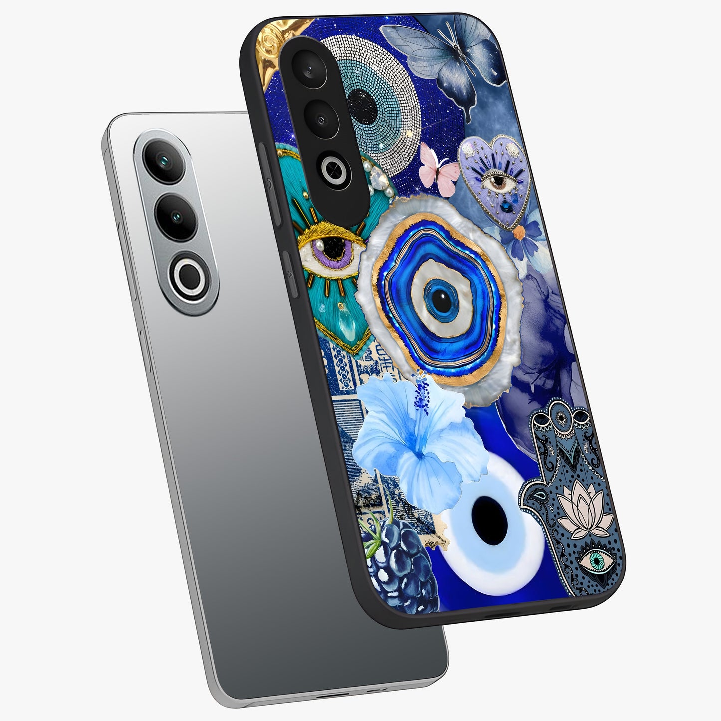 Crimson Evil Eye Charm Glass Case for 1+Nord Ce 4 angled mockup showcasing glossy finish and vibrant symbolic detailing