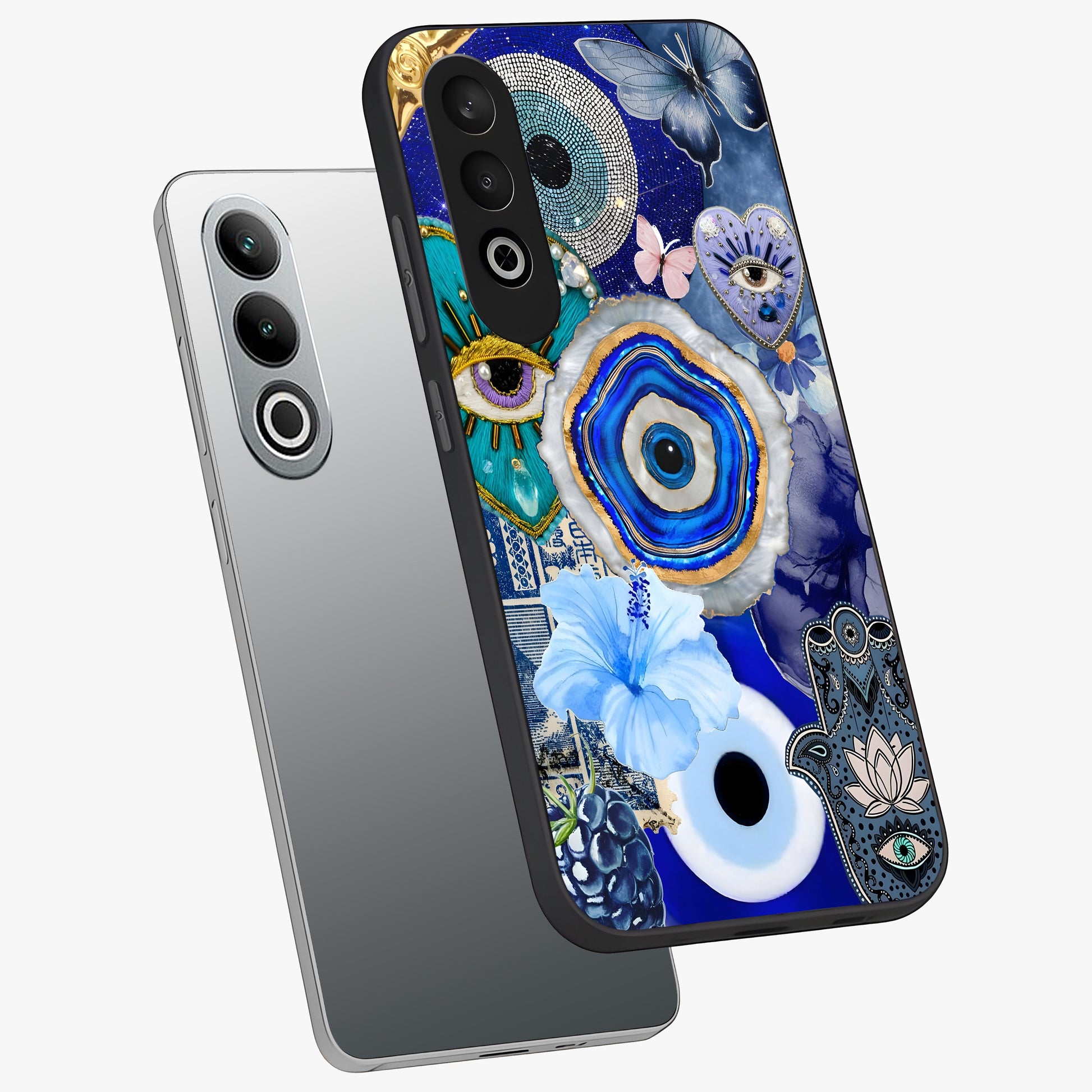 Crimson Evil Eye Charm Glass Case for 1+Nord Ce 4 angled mockup showcasing glossy finish and vibrant symbolic detailing