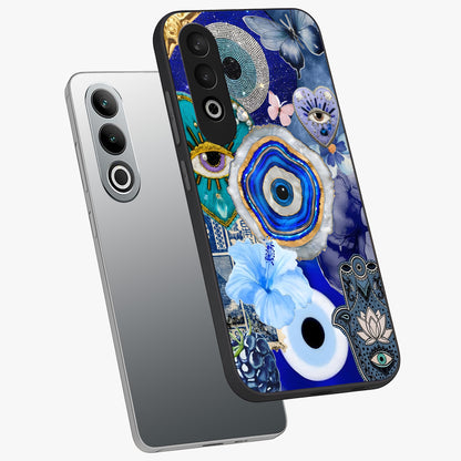 Crimson Evil Eye Charm Glass Case for 1+Nord Ce 4 angled mockup showcasing glossy finish and vibrant symbolic detailing