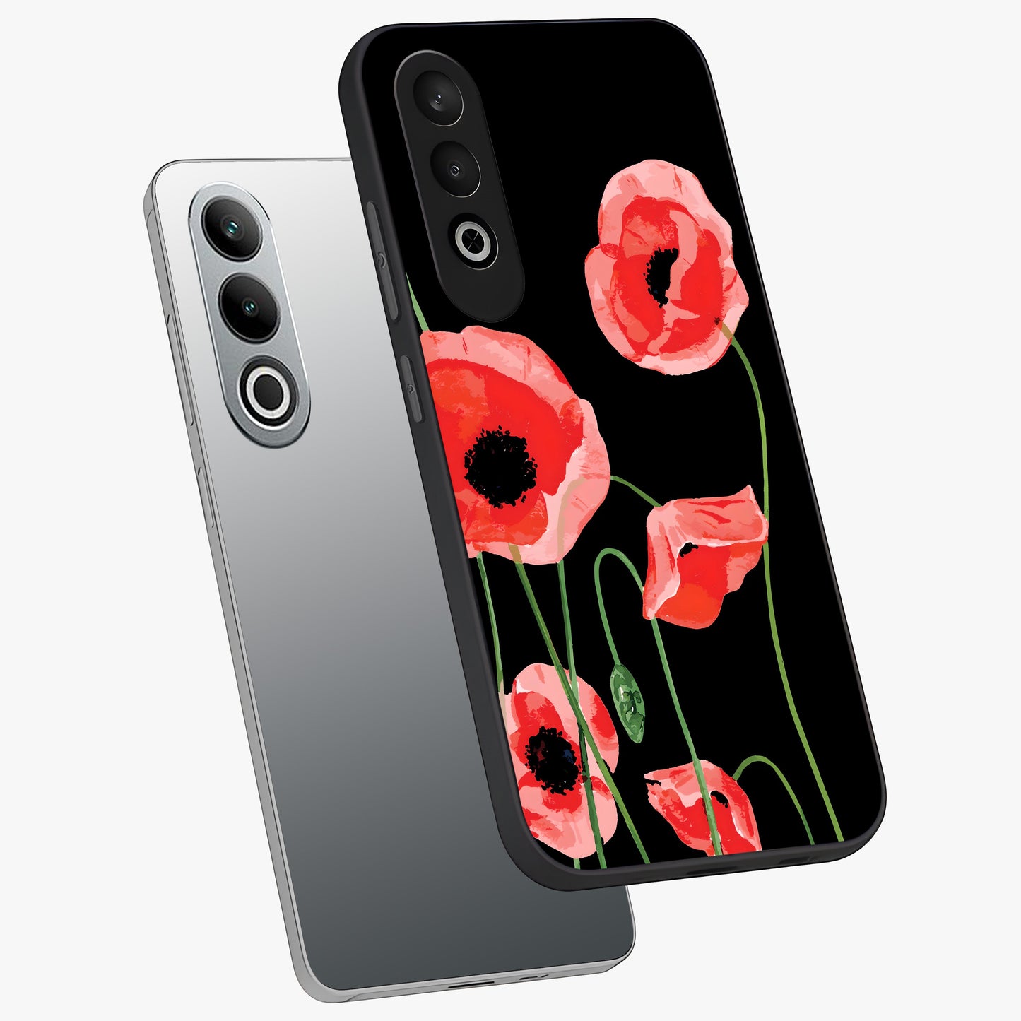 Crimson Garden Dream Glass Case for 1+Nord CE 4 angled mockup showcasing glossy finish and vibrant bloom detailing