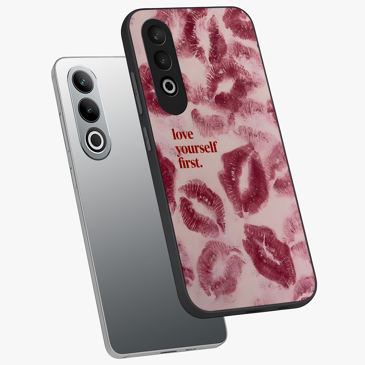 Crimson Kiss Love Glass Case for 1+Nord Ce 4 angled mockup showcasing glossy glass finish and rich red tones