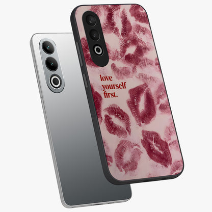 Crimson Kiss Love Glass Case for 1+Nord Ce 4 angled mockup showcasing glossy glass finish and rich red tones