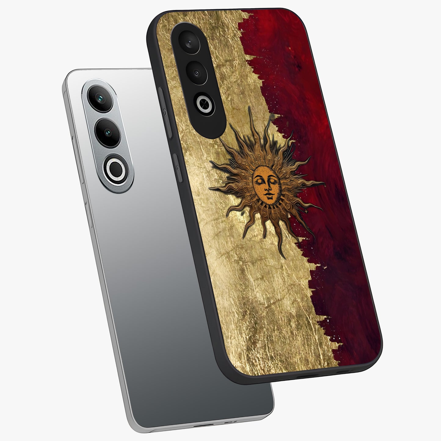 Crimson Sun Majesty Glass Case for 1+Nord CE 4 angled mockup showcasing glossy finish and majestic celestial tones