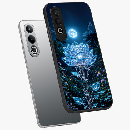 Crystal Moon Lotus Glass Case for 1+Nord CE 4 angled mockup showcasing glossy glass finish and luminous floral detailing