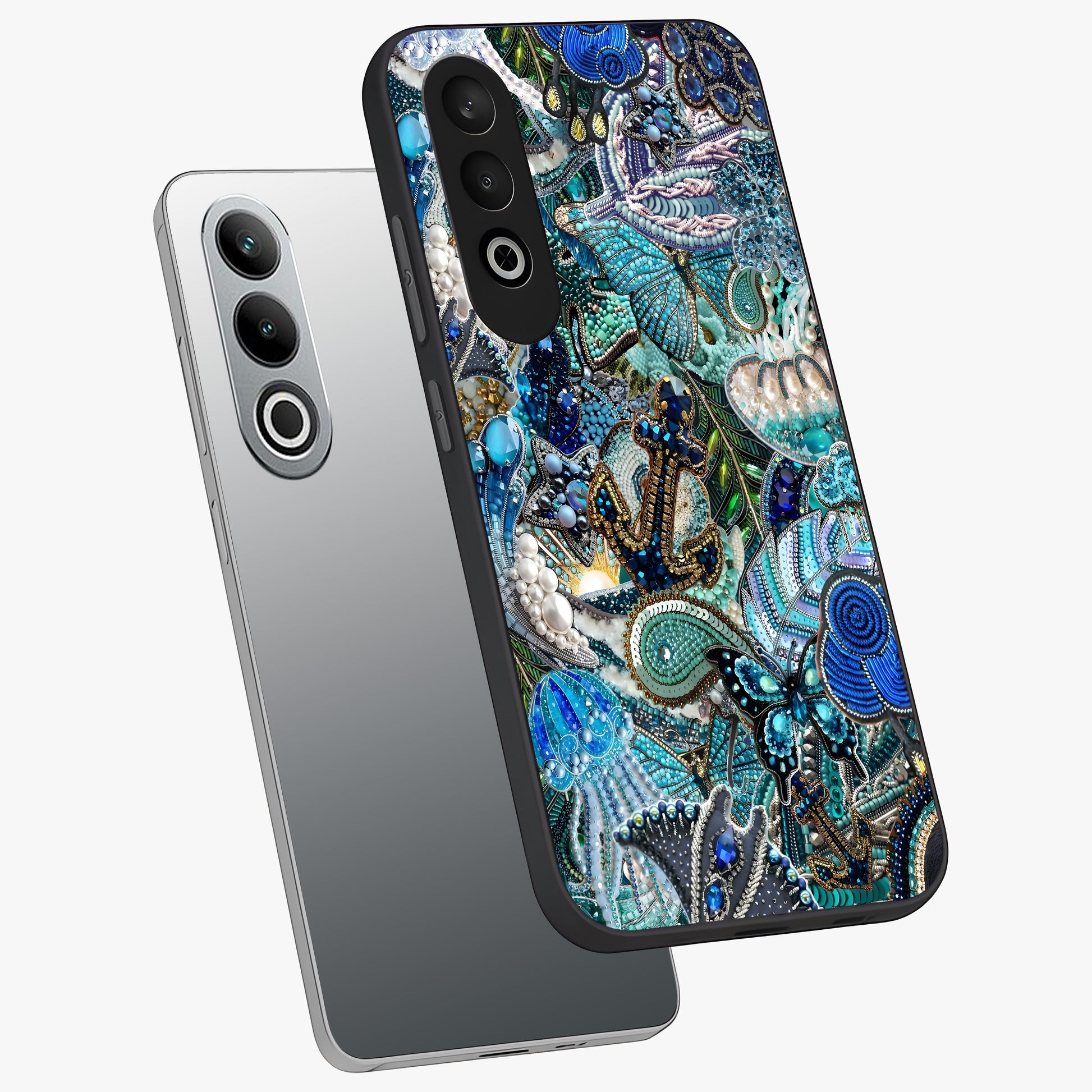 Crystal Ocean Magic Glass Case for 1+Nord Ce 4 angled mockup showcasing glossy finish and flowing aqua tones