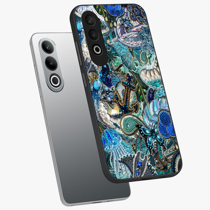 Crystal Ocean Magic Glass Case for 1+Nord Ce 4 angled mockup showcasing glossy finish and flowing aqua tones