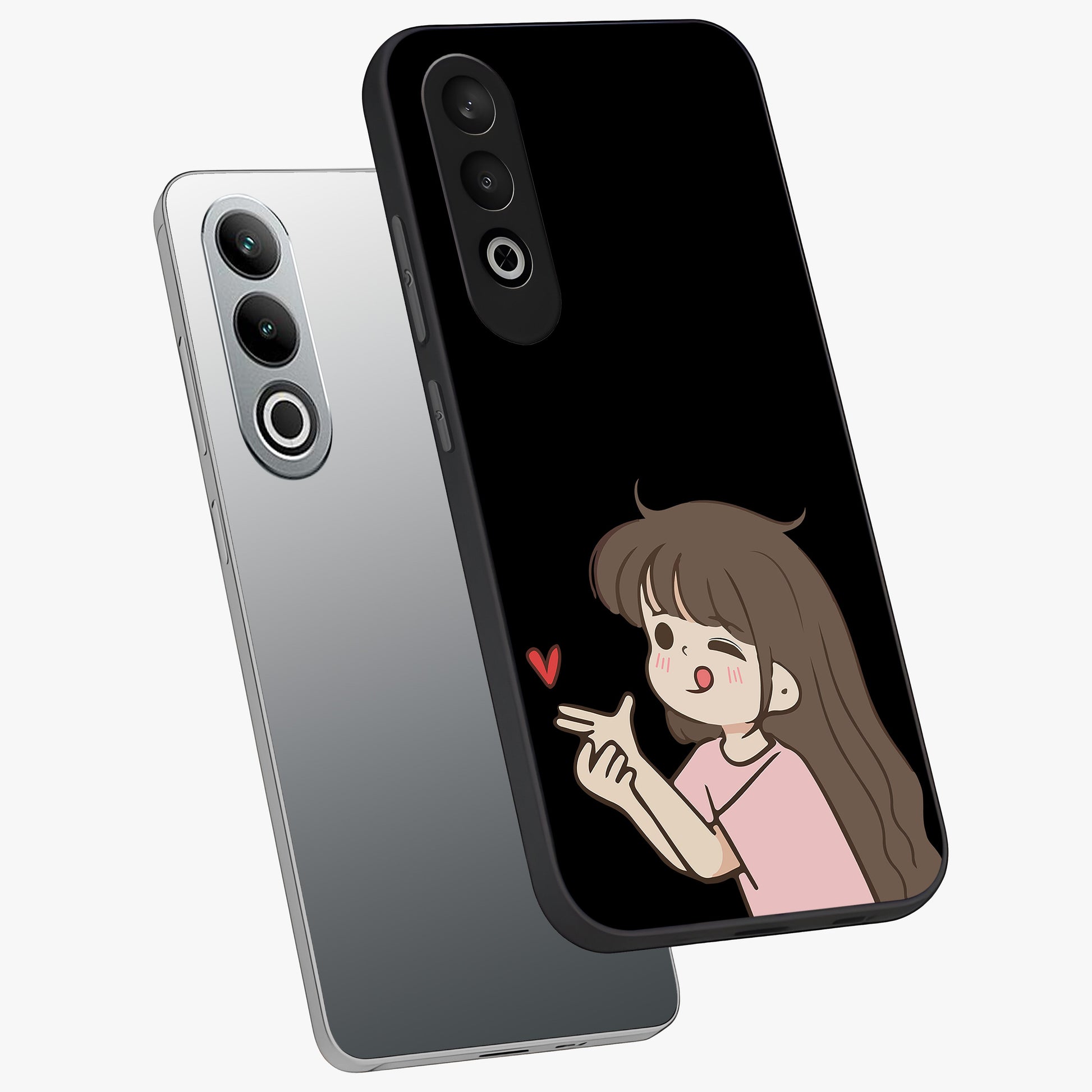 Cute Girl Firing Heart Glass Case for 1+Nord Ce 4 angled mockup showcasing glossy finish and lively character detailing