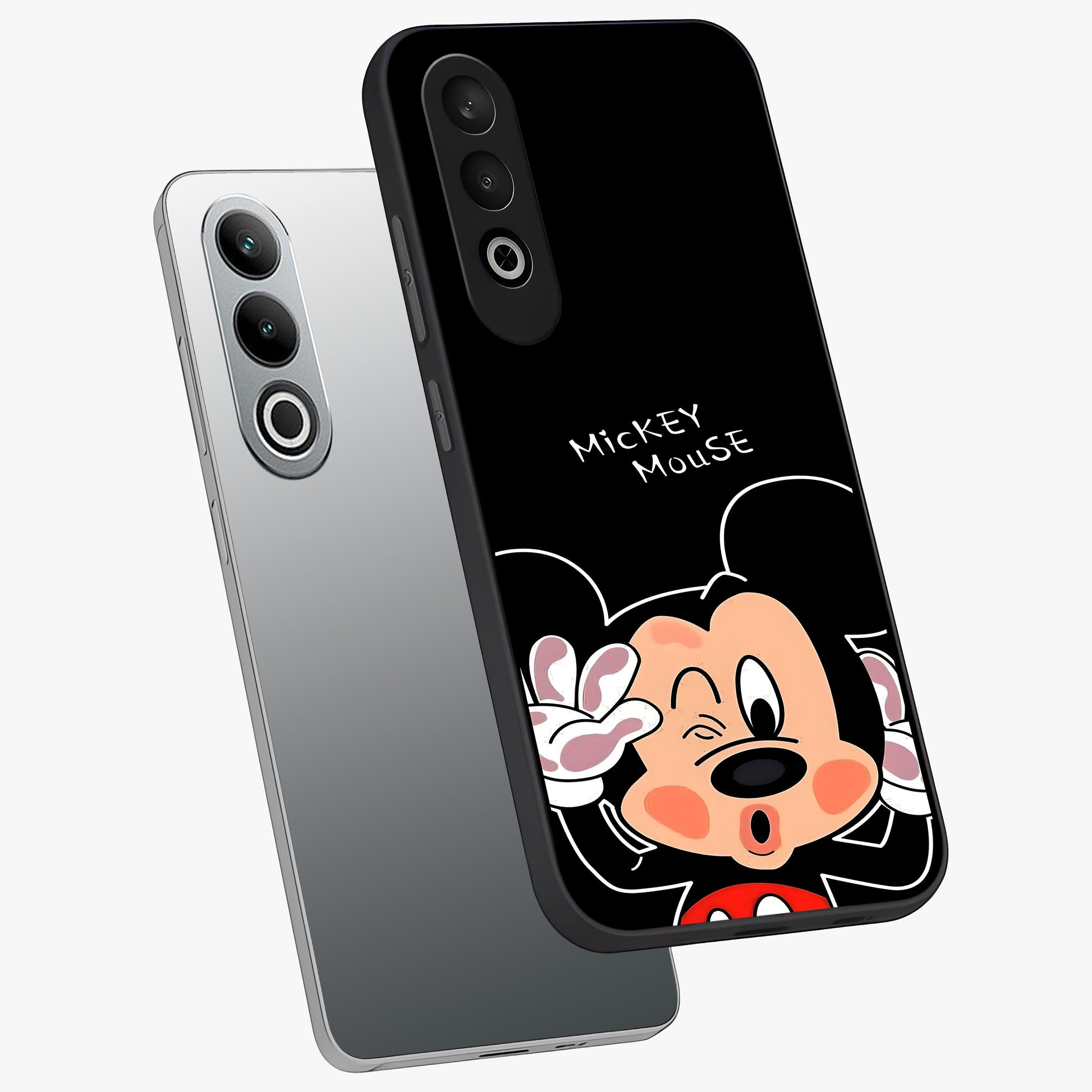 Cute Mickey Love Glass Case for 1+Nord Ce 4 angled mockup showcasing glossy finish and vibrant character detailing