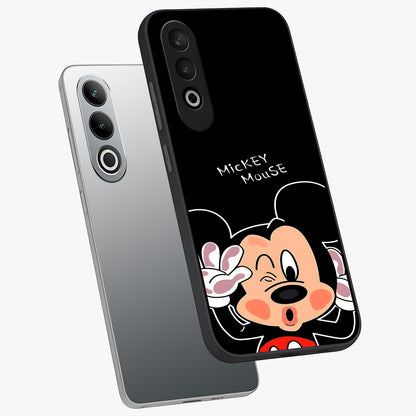 Cute Mickey Love Glass Case for 1+Nord Ce 4 angled mockup showcasing glossy finish and vibrant character detailing