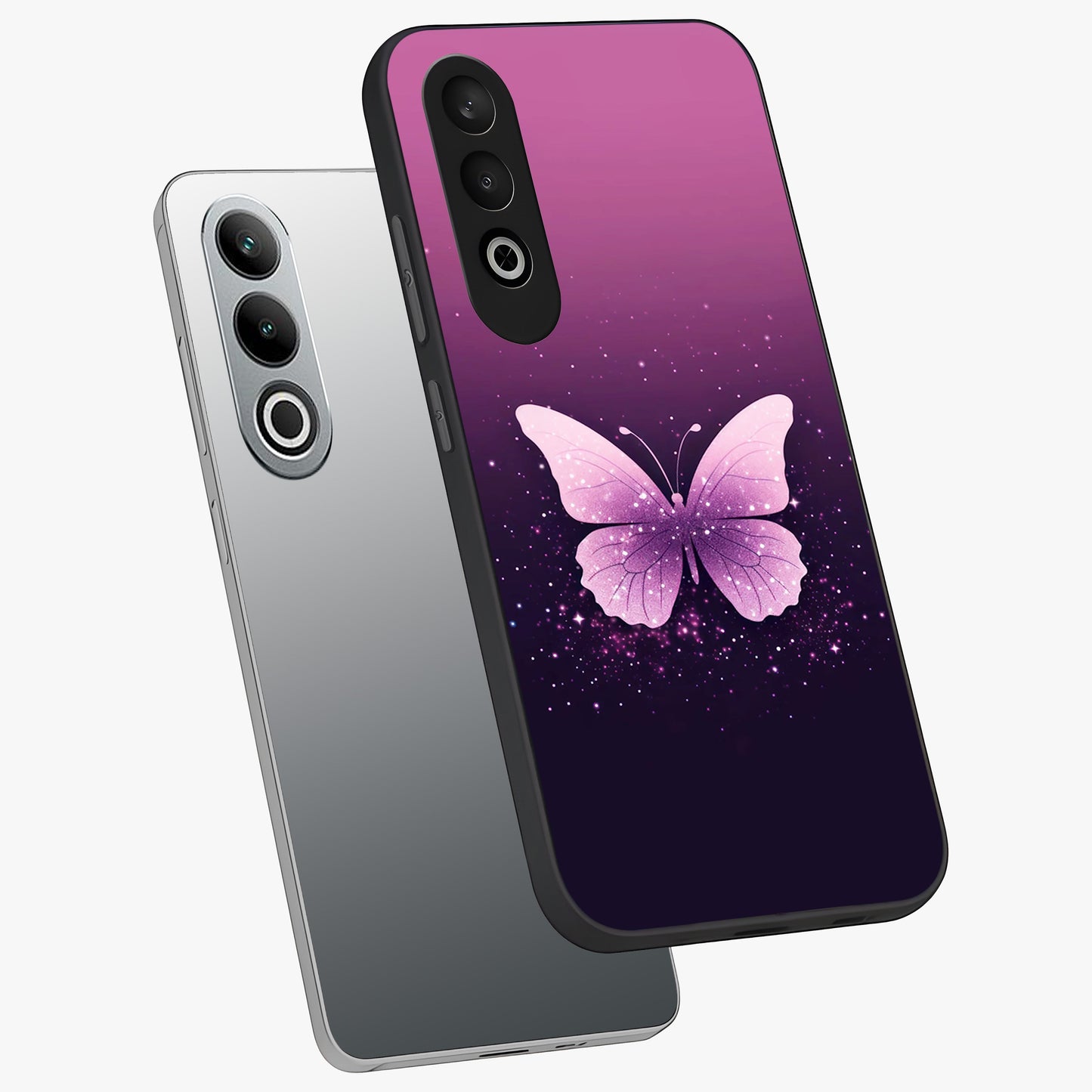 Cute Starry Butterfly Glass Case for 1+Nord Ce 4 angled mockup showcasing glossy finish and celestial pastel tones