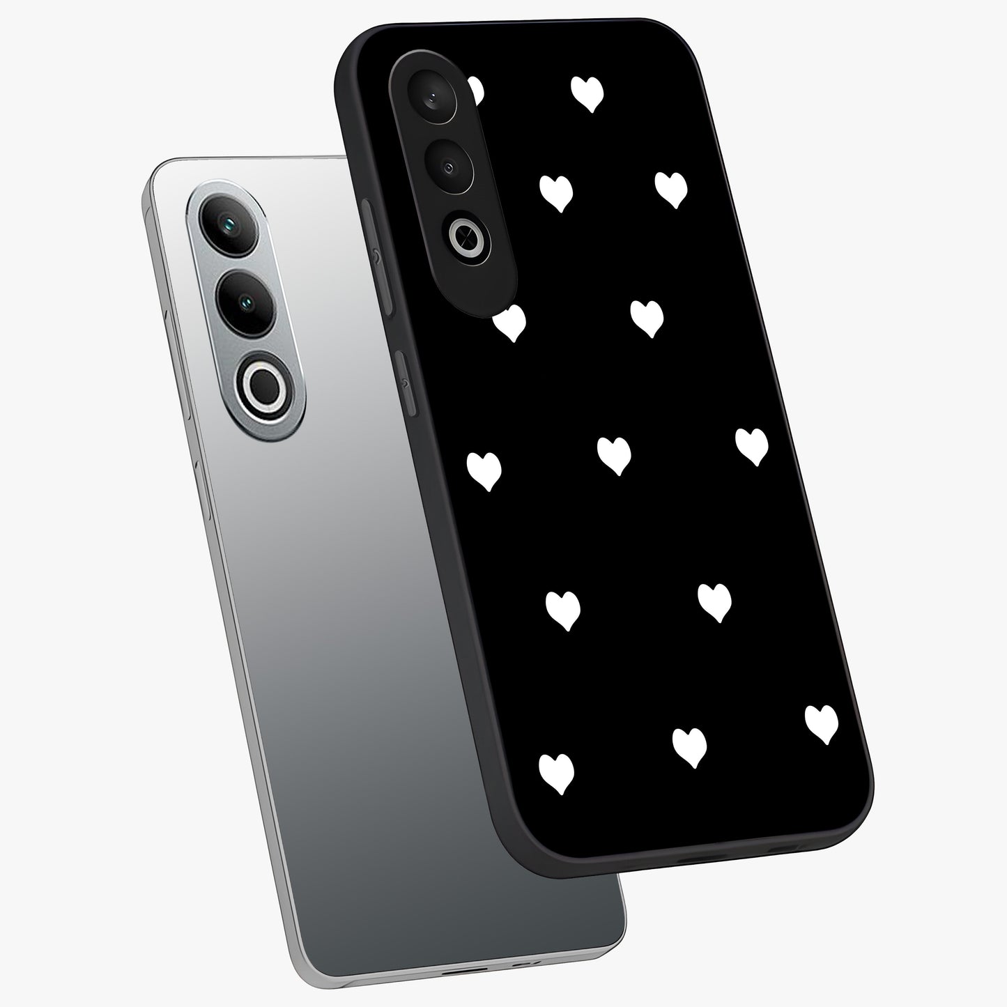 Cute Simple black Hearts Glass Case for 1+Nord Ce 4 angled mockup showcasing glossy finish and bold shadow detailing