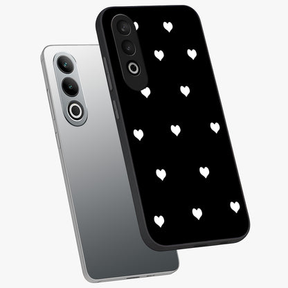 Cute Simple black Hearts Glass Case for 1+Nord Ce 4 angled mockup showcasing glossy finish and bold shadow detailing