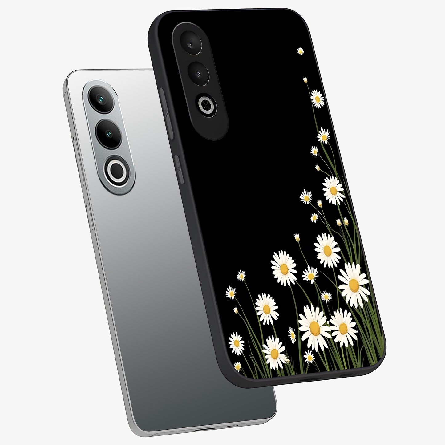 Daisy Cascade on Black Glass Case for 1+Nord CE 4 angled mockup showcasing glossy finish and bold floral contrast