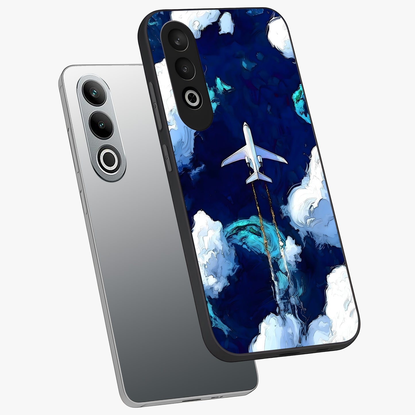 Dark Airplane Glass Case for 1+Nord Ce 4 angled mockup showcasing glossy finish and dramatic sky tones