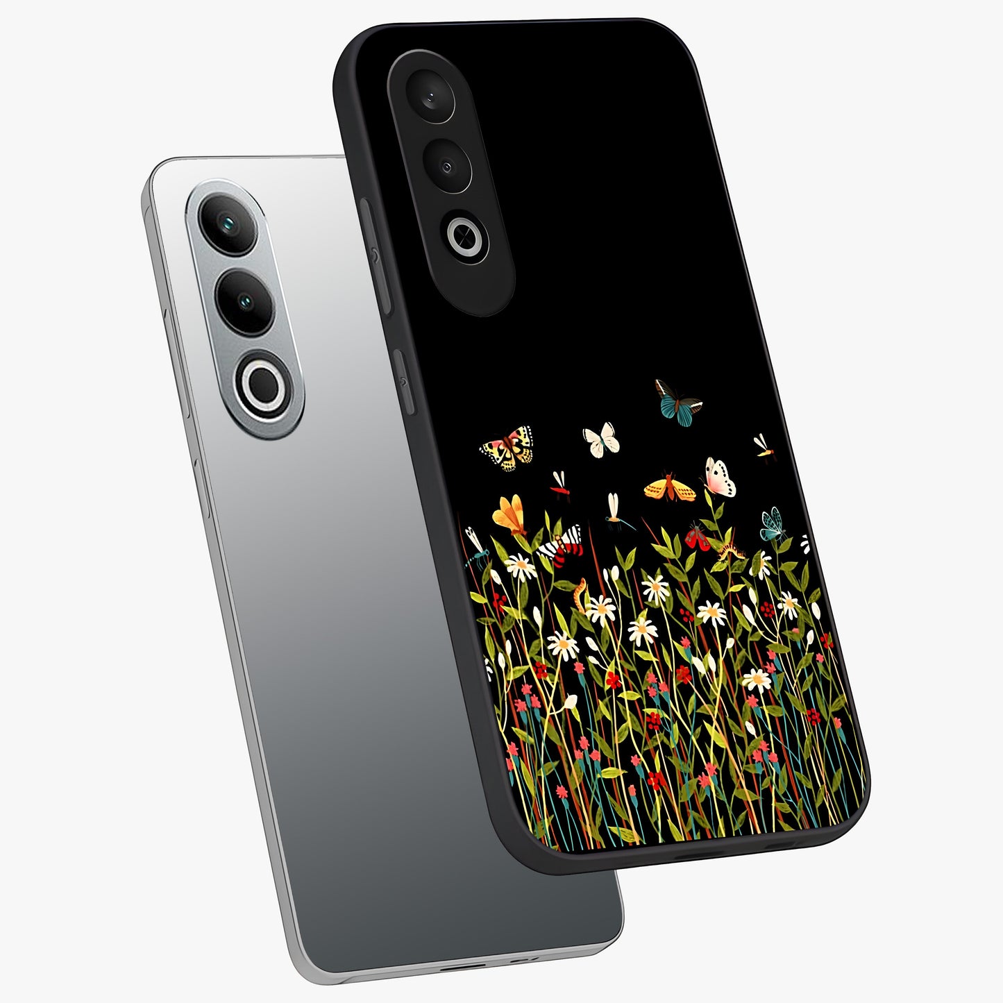 Dark Bloom Wonderland Custom Name Glass Case for 1+Nord CE 4 angled mockup showcasing glossy finish and rich bloom textures