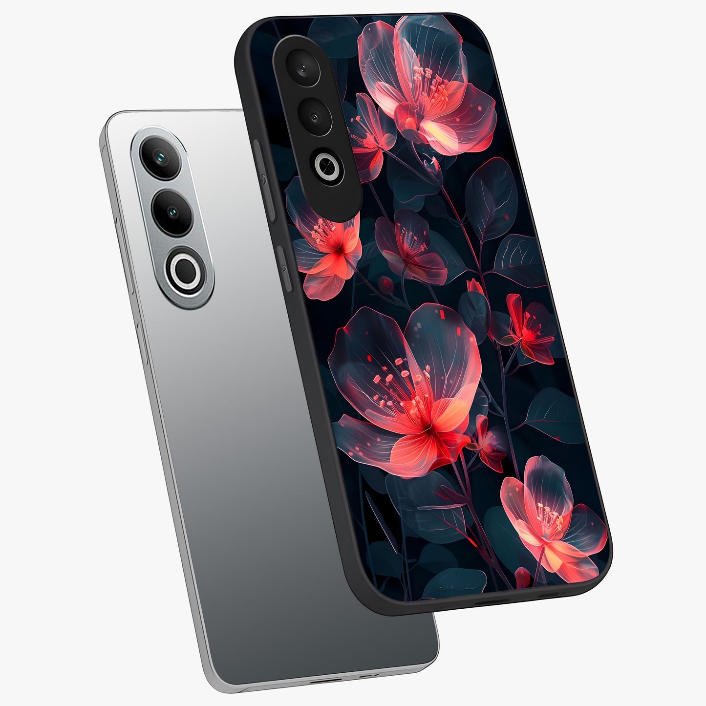 Dark Shade of Flower Glass Case for 1+Nord CE 4 angled mockup showcasing glossy finish and bold contrast detailing