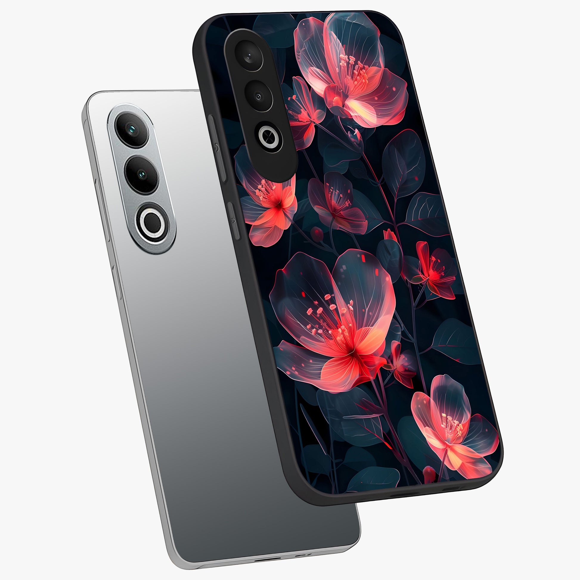 Dark Shade of Flower Glass Case for 1+Nord CE 4 angled mockup showcasing glossy finish and bold contrast detailing