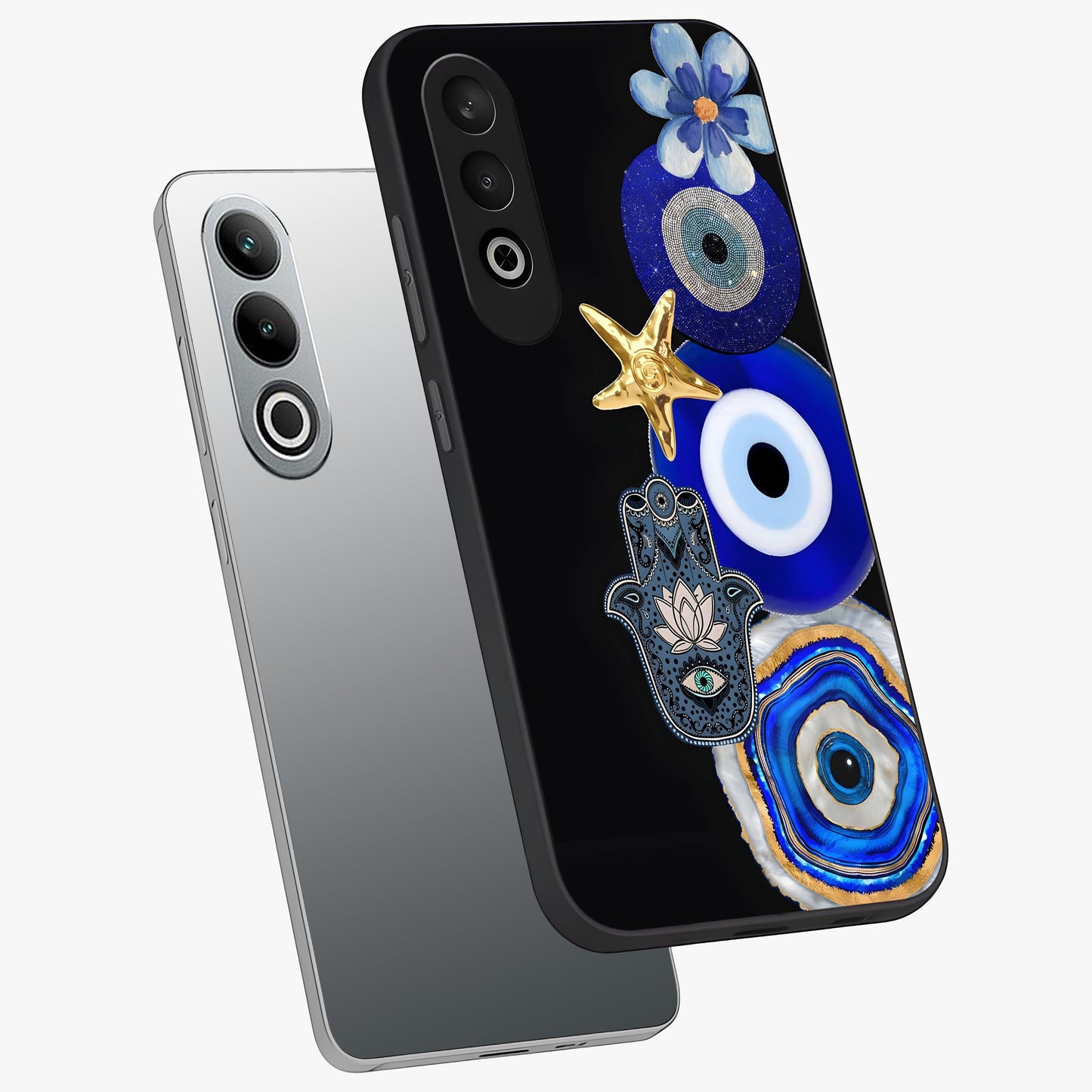 Divine Eye Bloom Glass Case for 1+Nord CE 4 angled mockup showcasing glossy finish and vibrant protective detailing