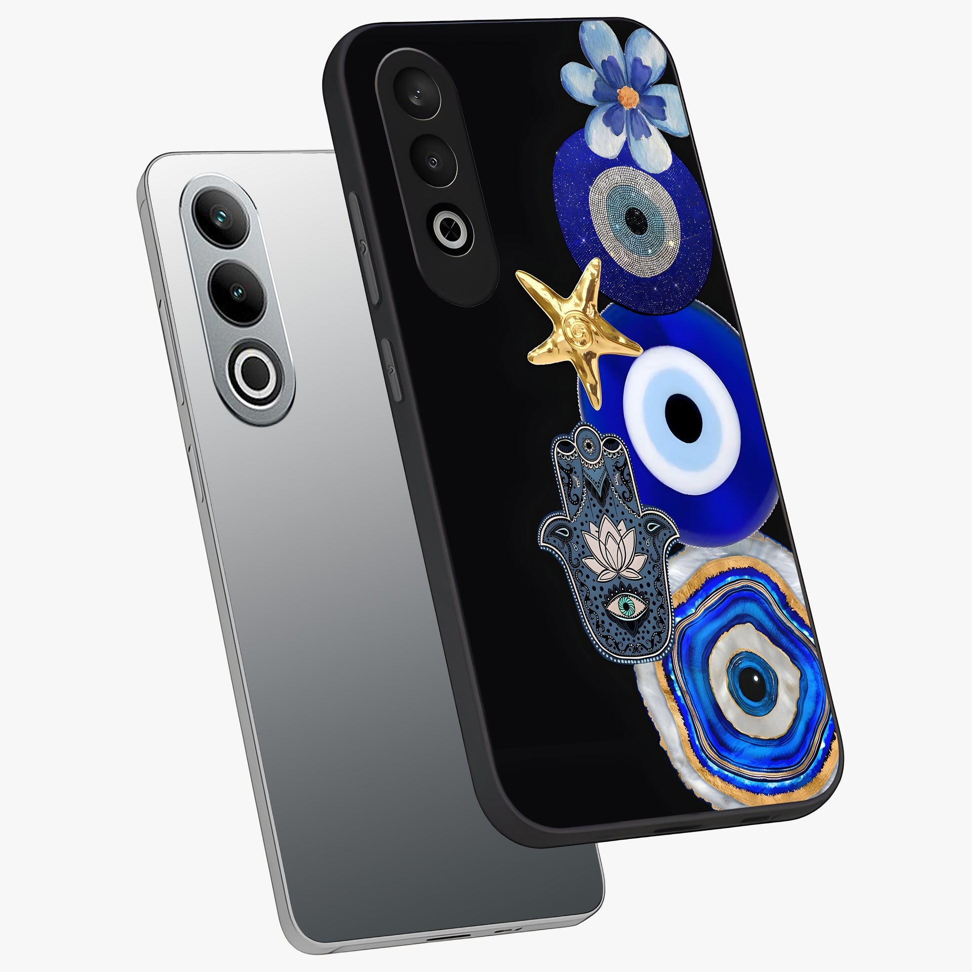 Divine Eye Bloom Glass Case for 1+Nord CE 4 angled mockup showcasing glossy finish and vibrant protective detailing
