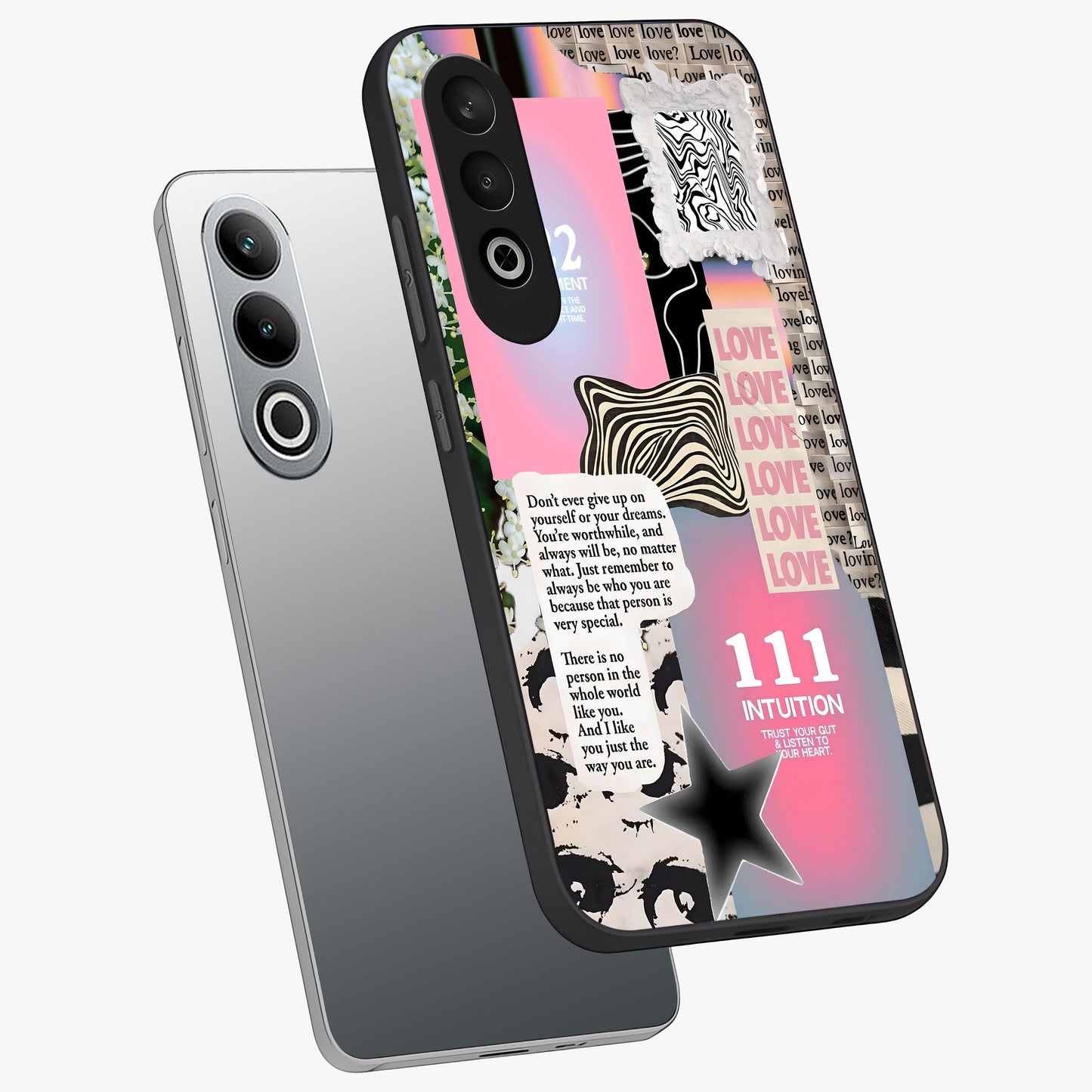 Divine Love Vibes Glass Case for 1+Nord CE 4 angled mockup showcasing glossy finish and warm aesthetic tones