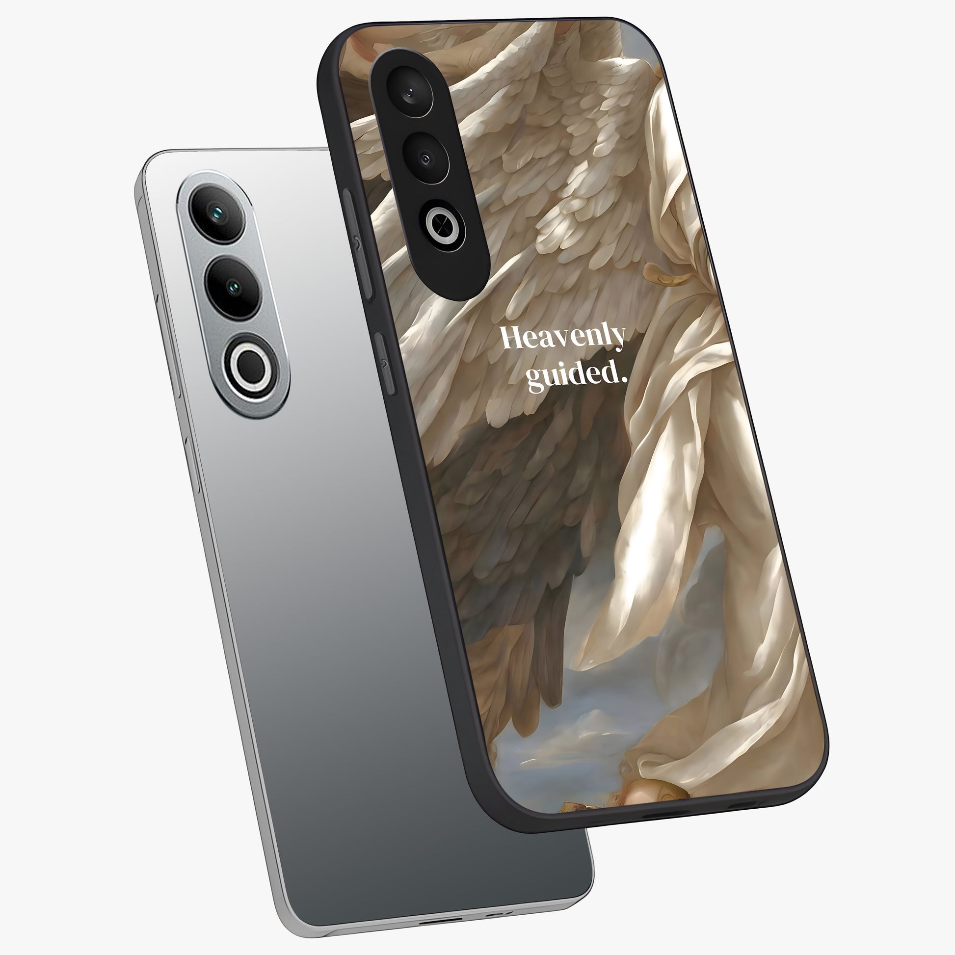 Divine Winged Grace Glass Case for 1+Nord Ce 4 angled mockup showcasing glossy finish and elegant design tones