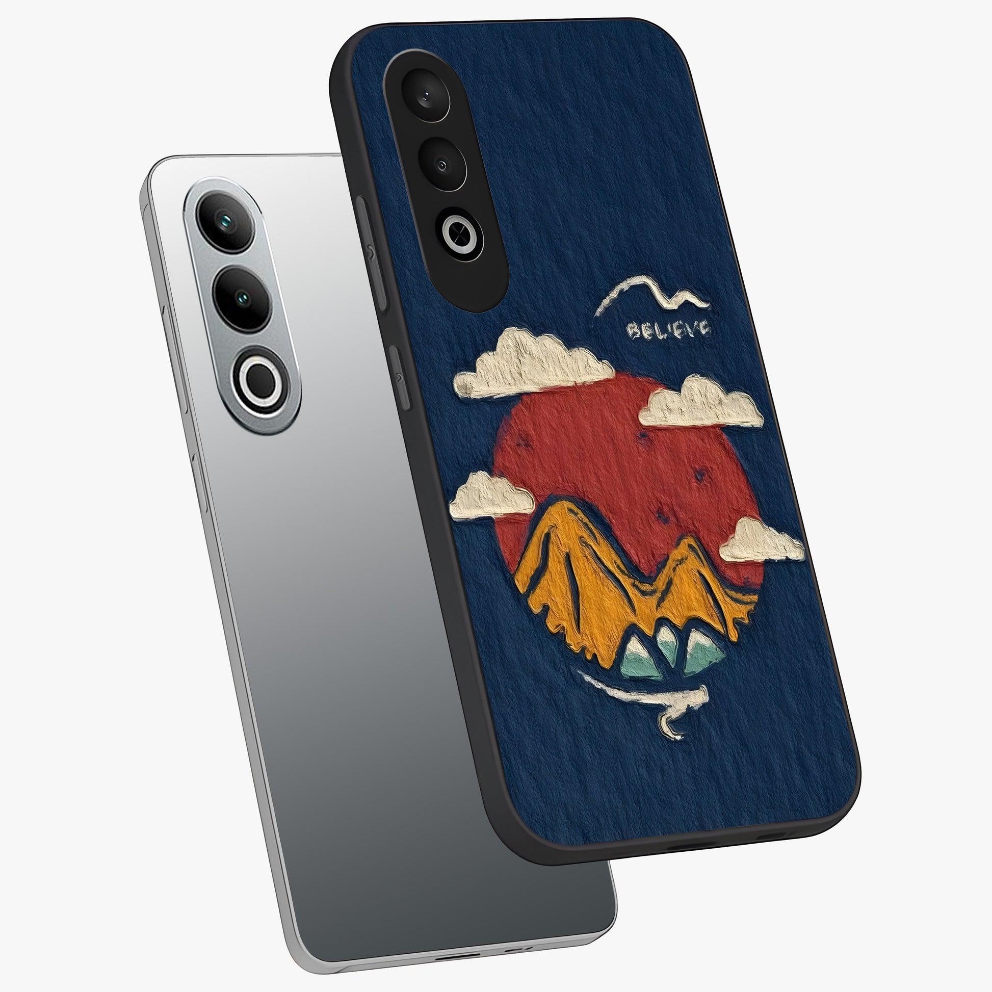 Dream Beyond Mountains Glass Case for 1+Nord Ce 4 angled mockup showcasing glossy finish and calming gradient tones