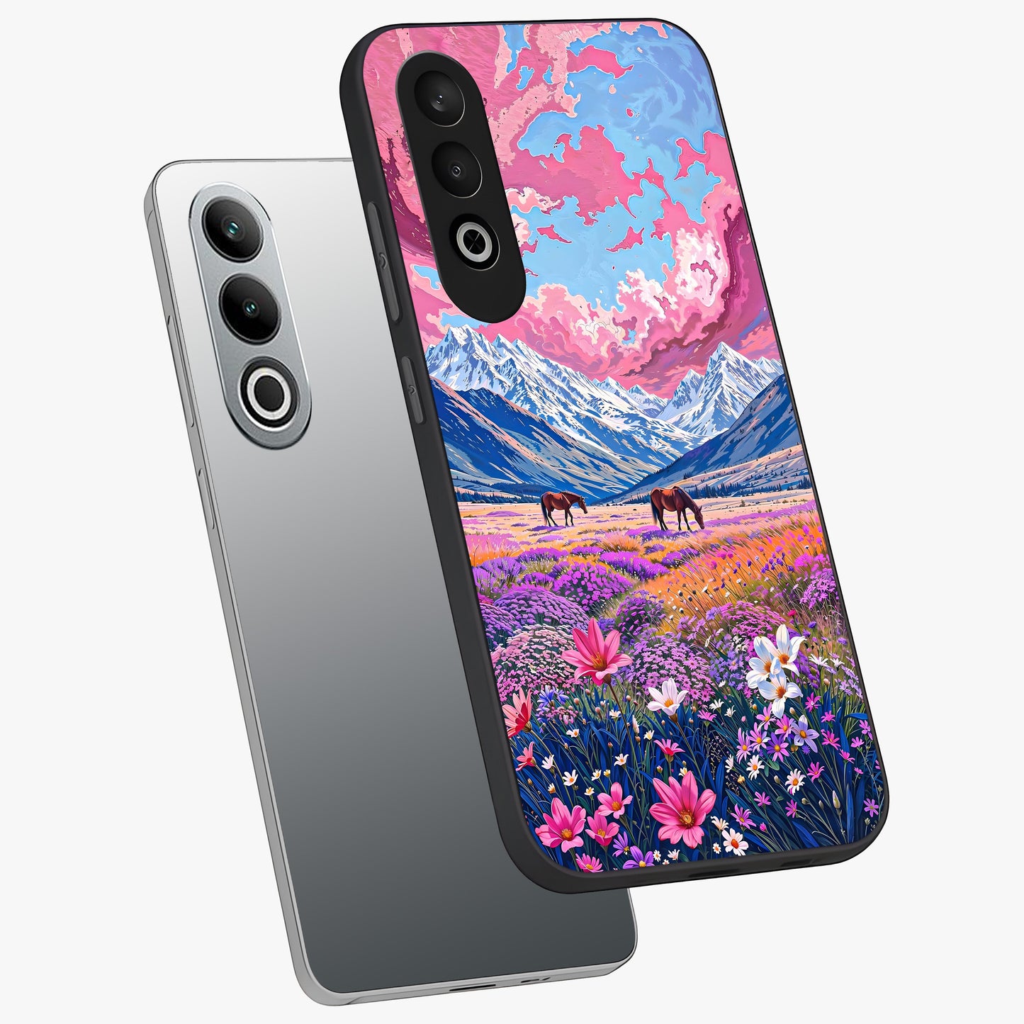 Dreamy Floral Pastures Glass Case for 1+Nord CE 4 angled mockup showcasing glossy finish and gentle bloom textures