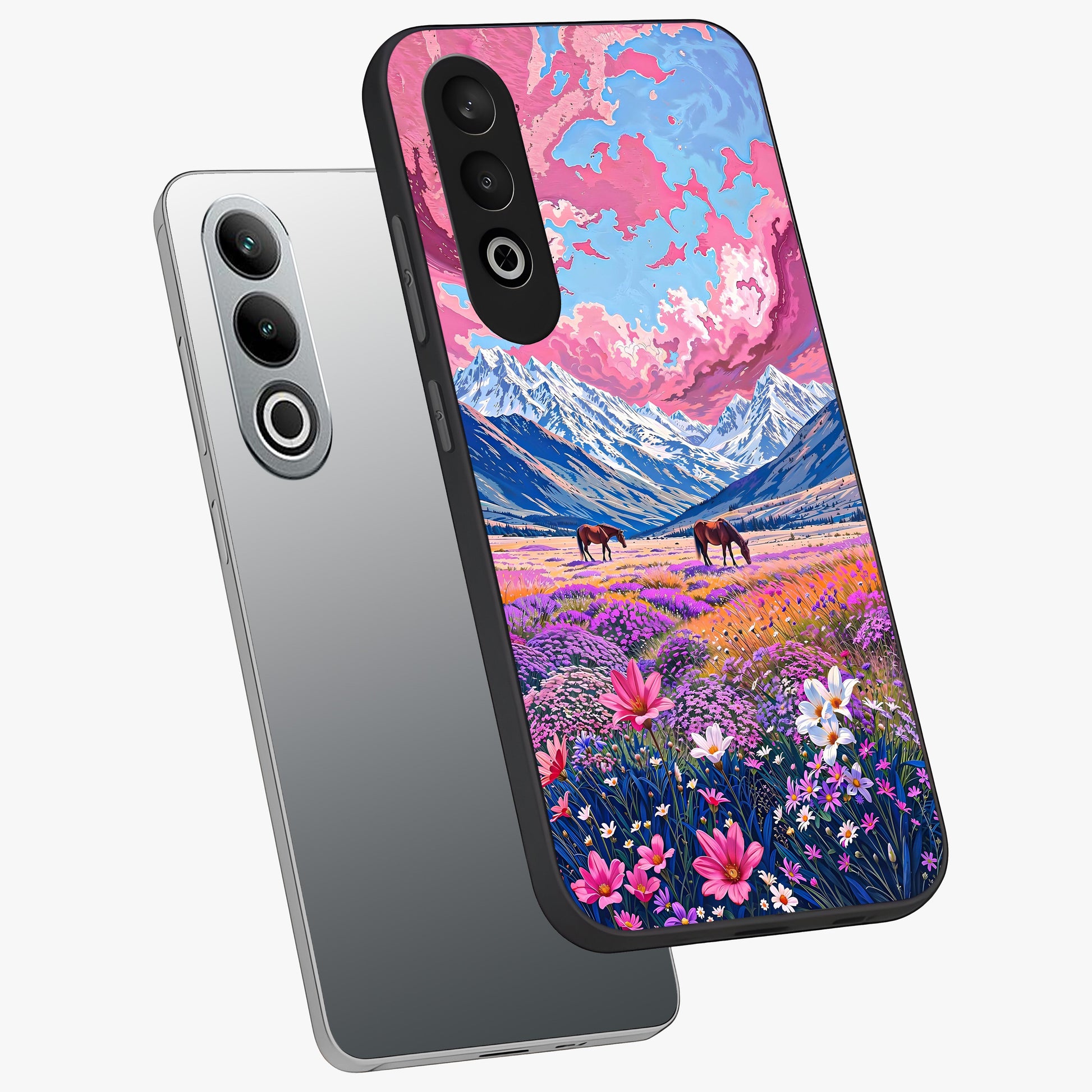 Dreamy Floral Pastures Glass Case for 1+Nord CE 4 angled mockup showcasing glossy finish and gentle bloom textures
