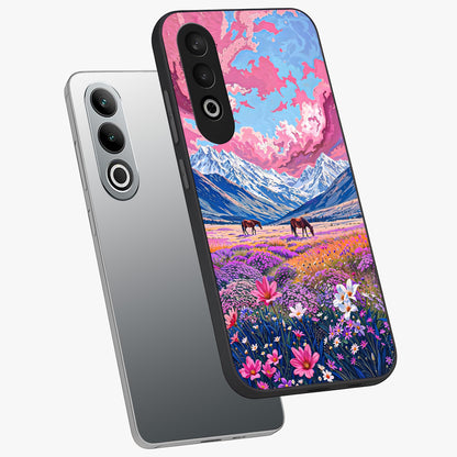 Dreamy Floral Pastures Glass Case for 1+Nord CE 4 angled mockup showcasing glossy finish and gentle bloom textures