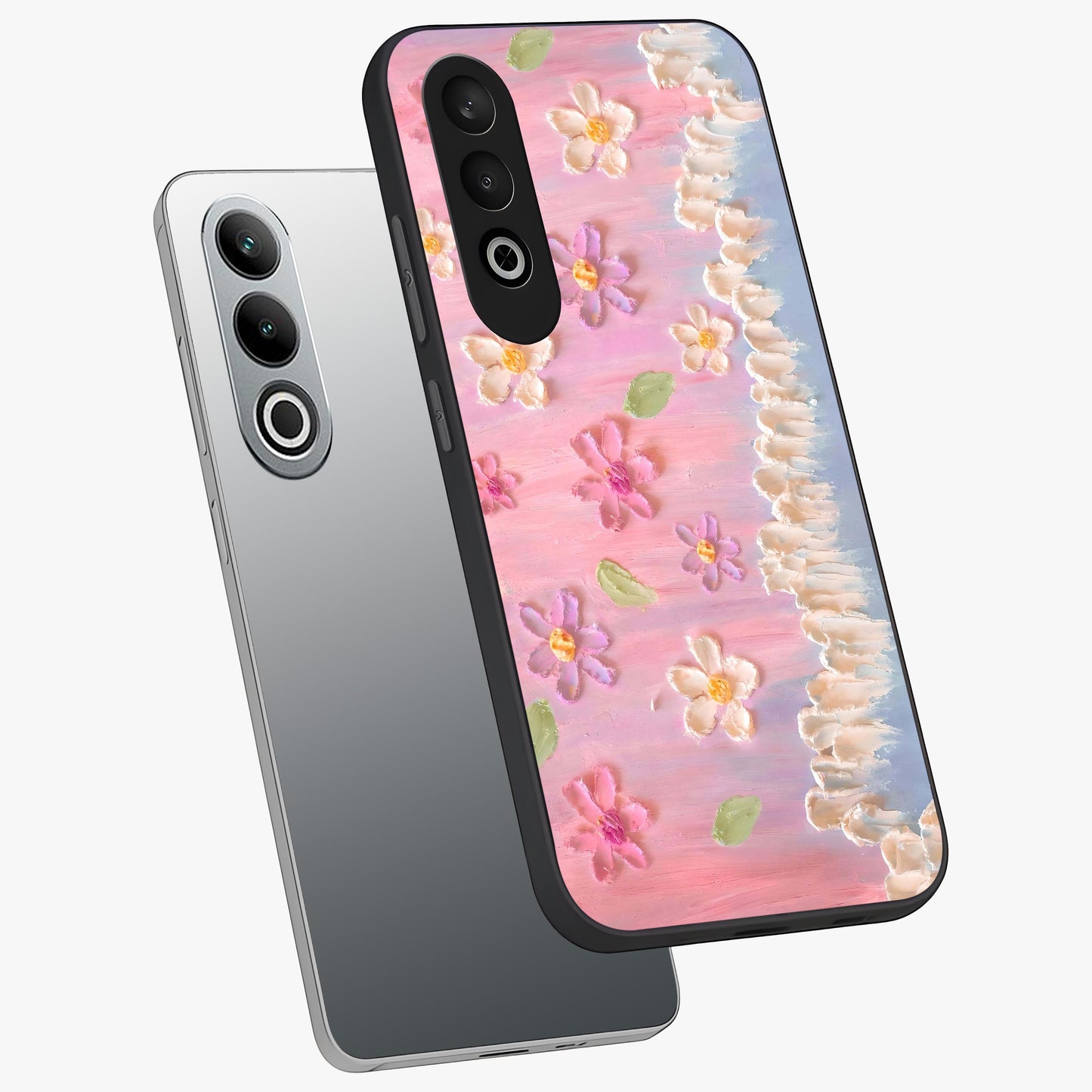 Dreamy Painted Garden Glass Case for 1+Nord CE 4 angled mockup showcasing glossy finish and vibrant brushstroke textures