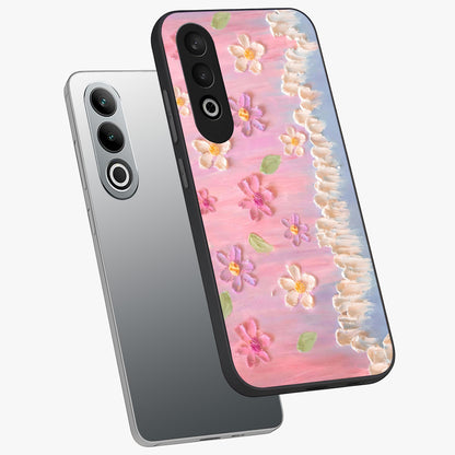 Dreamy Painted Garden Glass Case for 1+Nord CE 4 angled mockup showcasing glossy finish and vibrant brushstroke textures