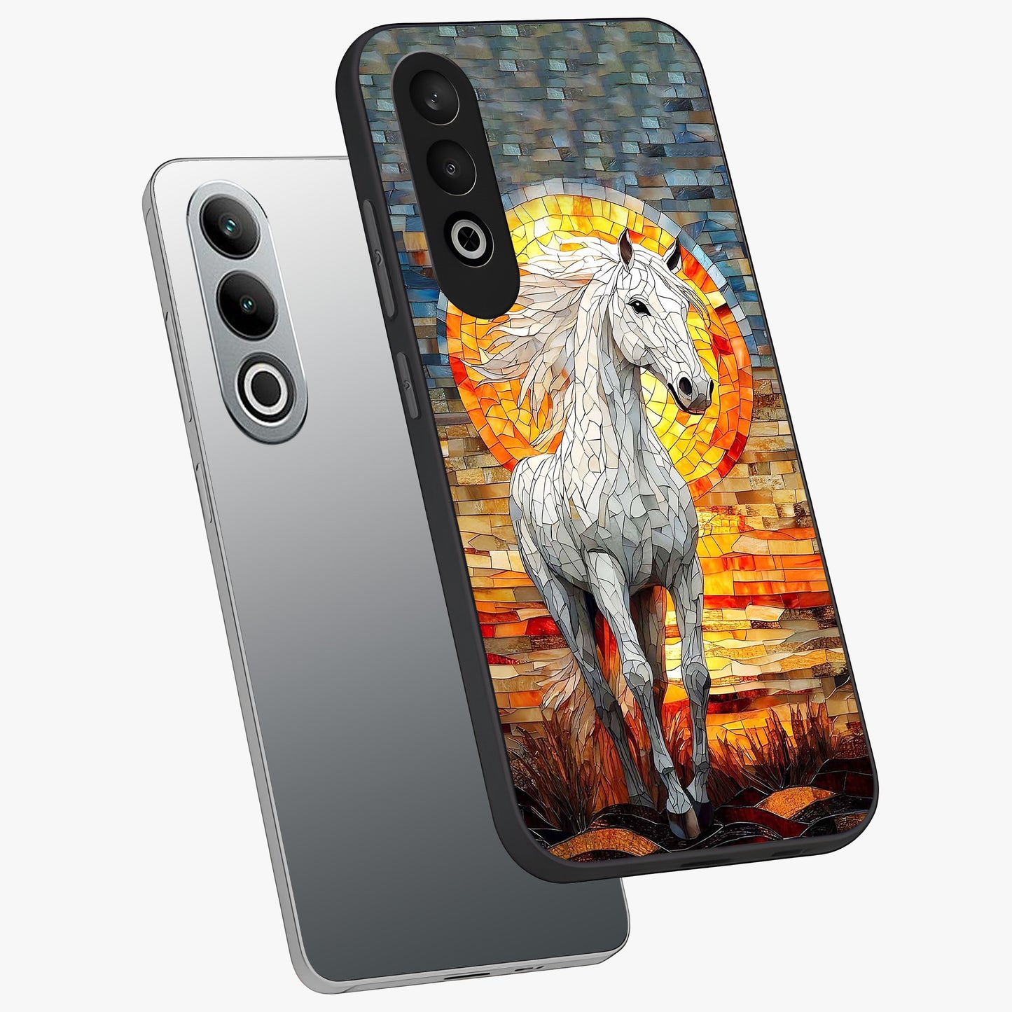 Elected Horse Glass Case for 1+Nord Ce 4 angled mockup showcasing glossy finish and dynamic equestrian detailing