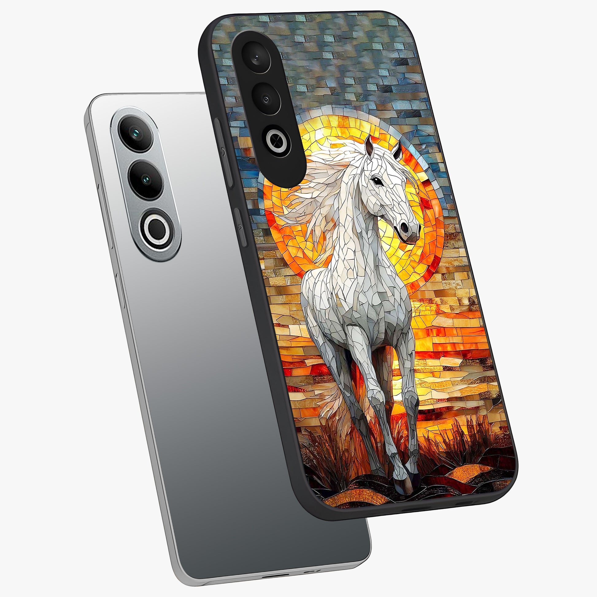 Elected Horse Glass Case for 1+Nord Ce 4 angled mockup showcasing glossy finish and dynamic equestrian detailing