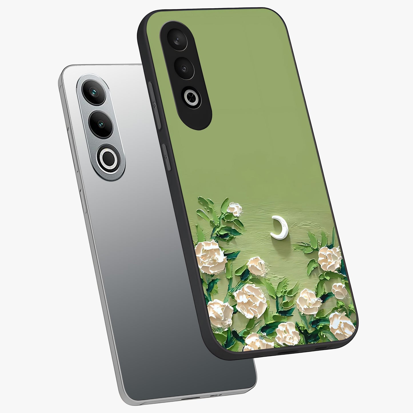 Emerald Bloom Calm Glass Case for 1+Nord Ce 4 angled mockup showcasing glossy finish and rich green tones