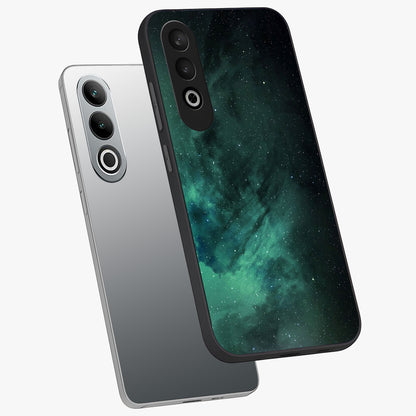 Emerald Green Space Glass Case for 1+Nord Ce 4 angled mockup showcasing glossy finish and bold emerald gradients