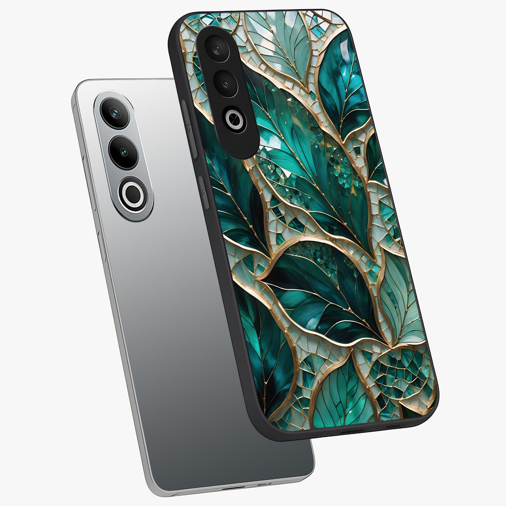 Emerald Leaf Glass Case for 1+Nord CE 4 angled mockup showcasing glossy finish and natural botanical tones