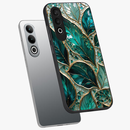 Emerald Leaf Glass Case for 1+Nord CE 4 angled mockup showcasing glossy finish and natural botanical tones