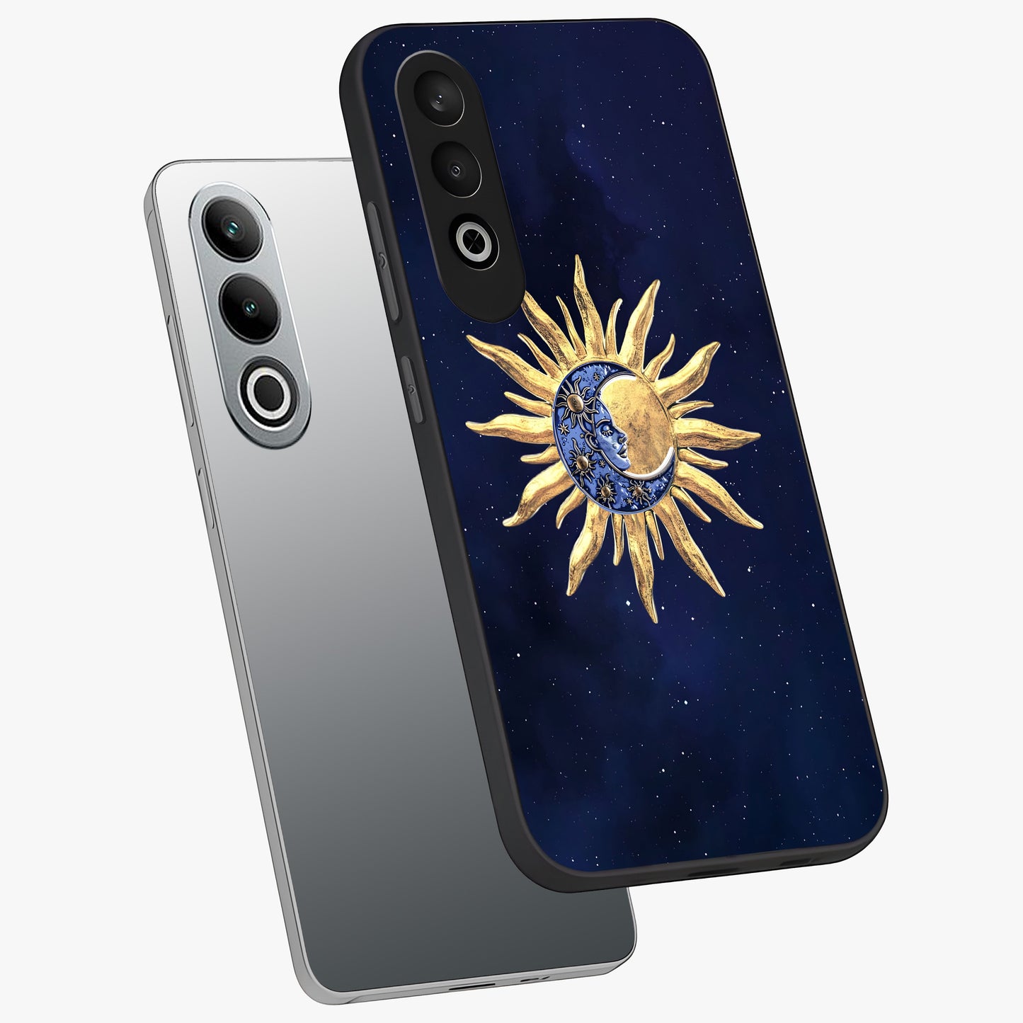 Eternal Cosmic Balance Glass Case for 1+Nord CE 4 angled mockup showcasing glossy finish and celestial gradient tones
