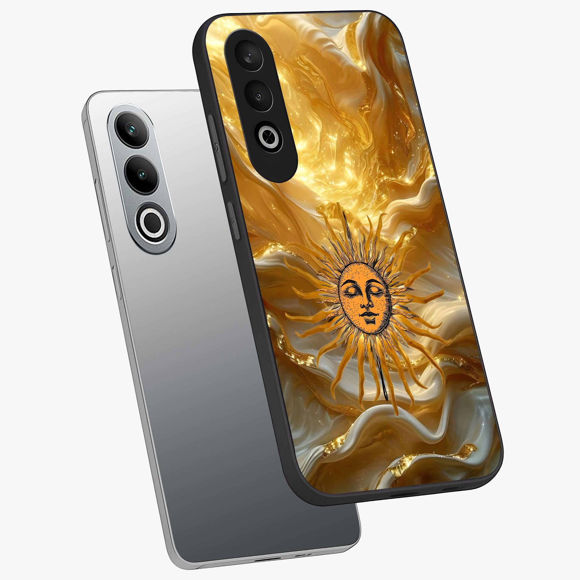 Eternal Golden Glow Glass Case for 1+Nord CE 4 angled mockup showcasing glossy glass finish and luminous gold tones