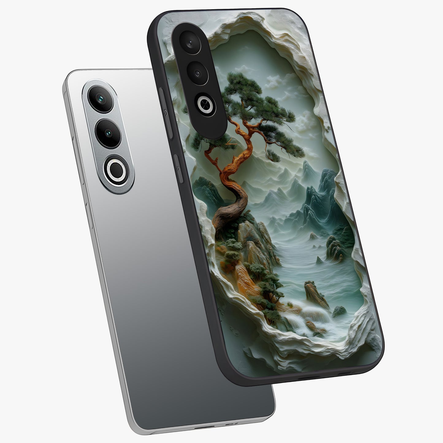 Eternal Nature Spirit Glass Case for 1+Nord CE 4 angled mockup showcasing glossy finish and calming botanical tones