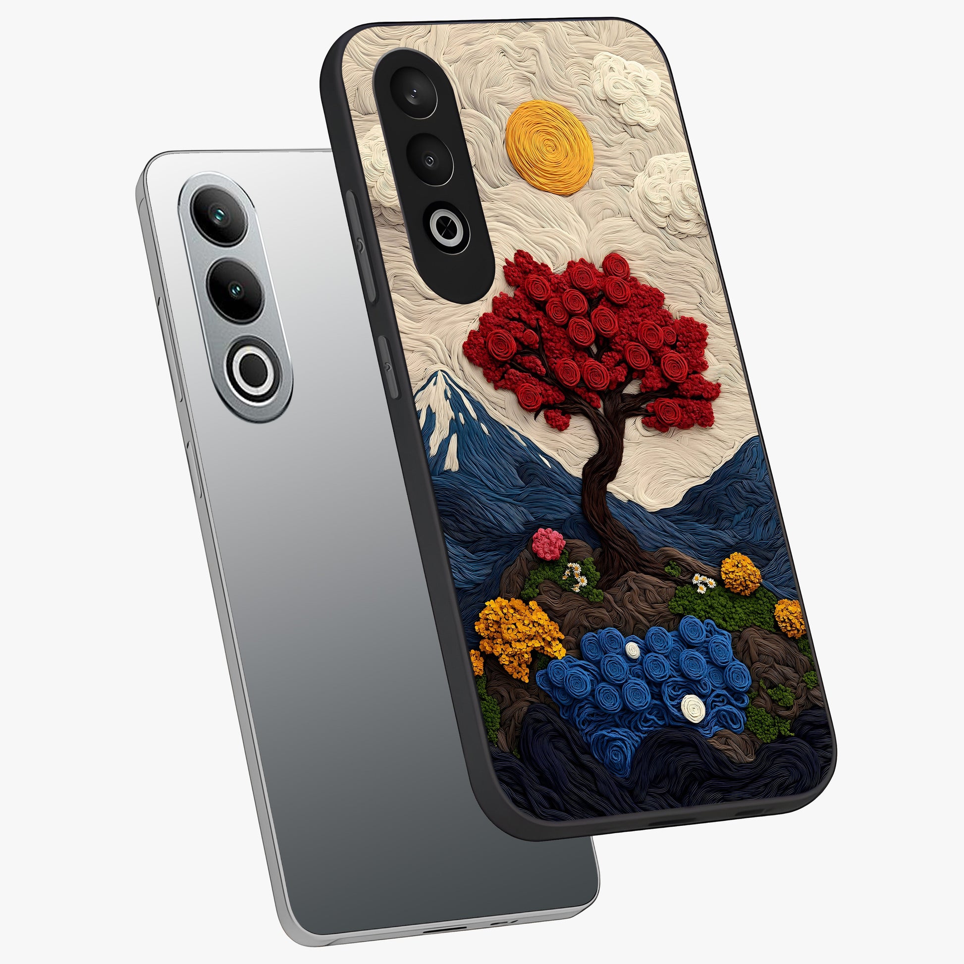 Eternal Nature Tapestry Glass Case for 1+Nord CE 4 angled mockup showcasing glossy finish and detailed botanical patterns